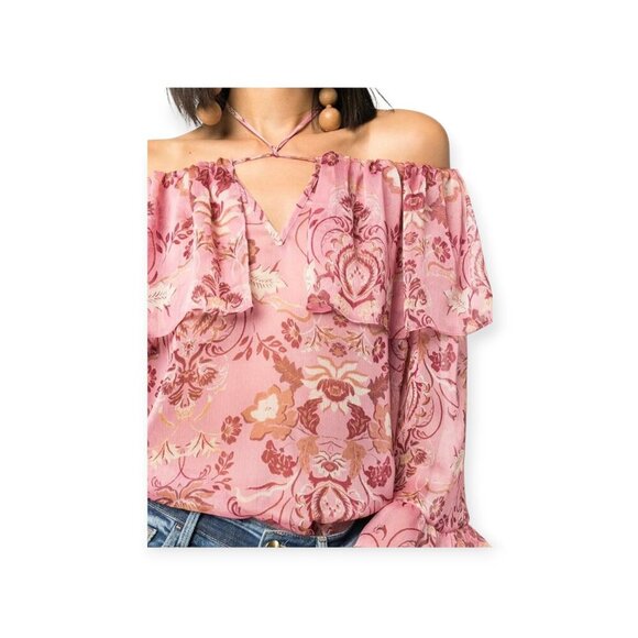 Misa Los Angeles Soraya Pink Floral Ruffle Halter Cold Shoulder Blouse - Picture 15 of 15